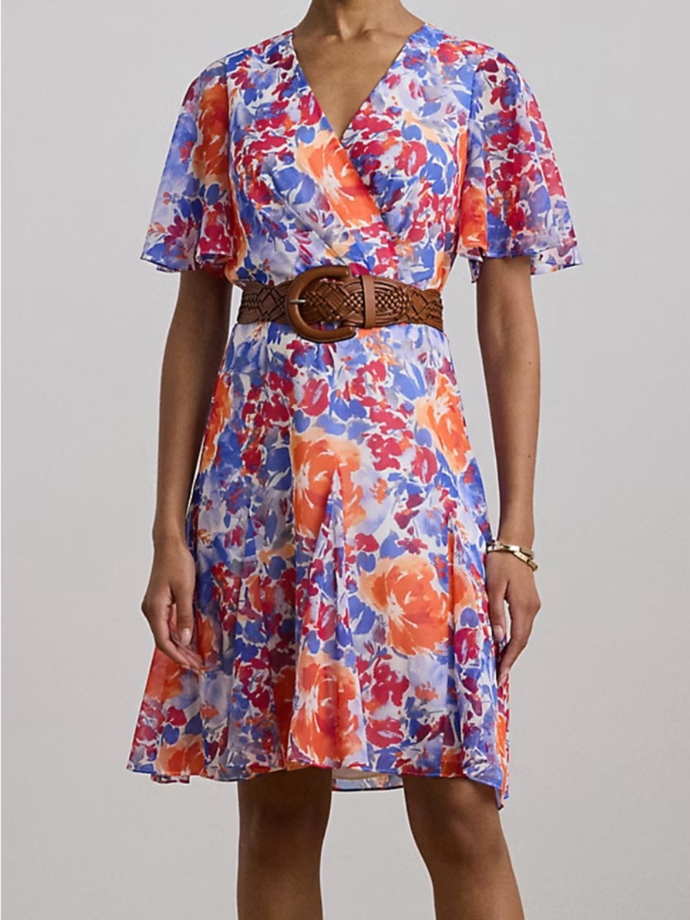 NWT Lauren Ralph Lauren Red, Blue & Pink Floral Wrap Midi Dress